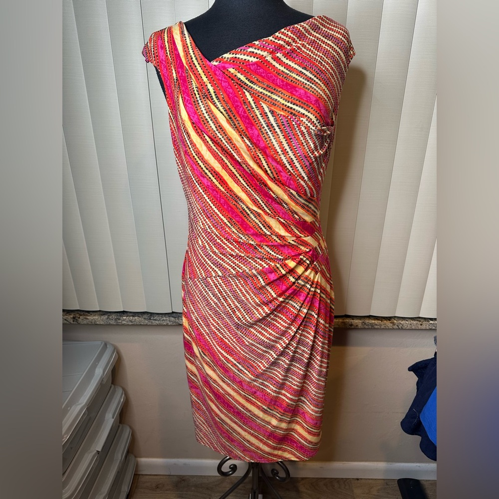 Lauren Ralph Lauren Vibrant Pink Red Striped Bodycon Wedding Guest Dress Size 10